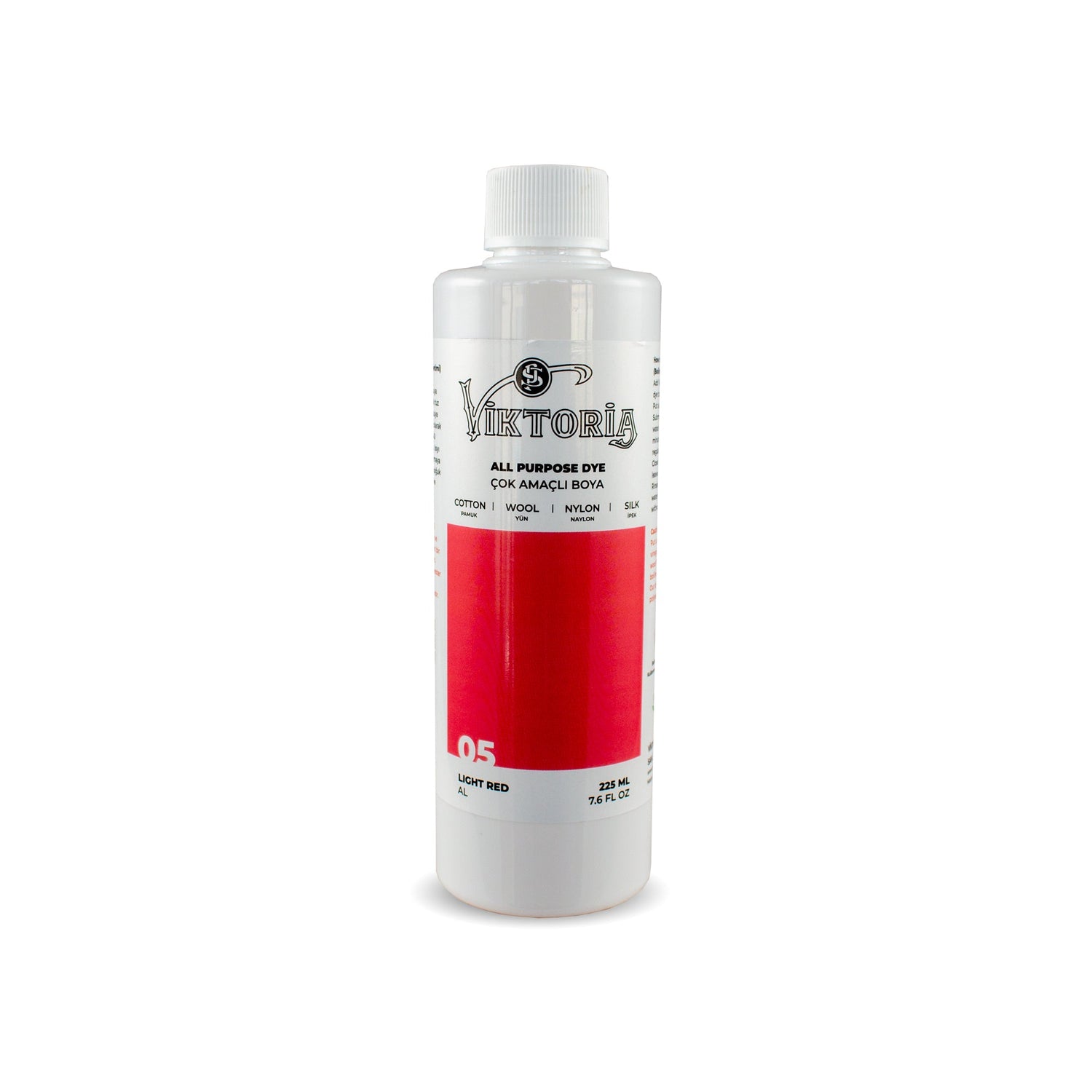 Viktoria all-purpose coral red fabric dye bottle for cotton, wool, silk, linen, viscose, bamboo, and nylon, 225ml