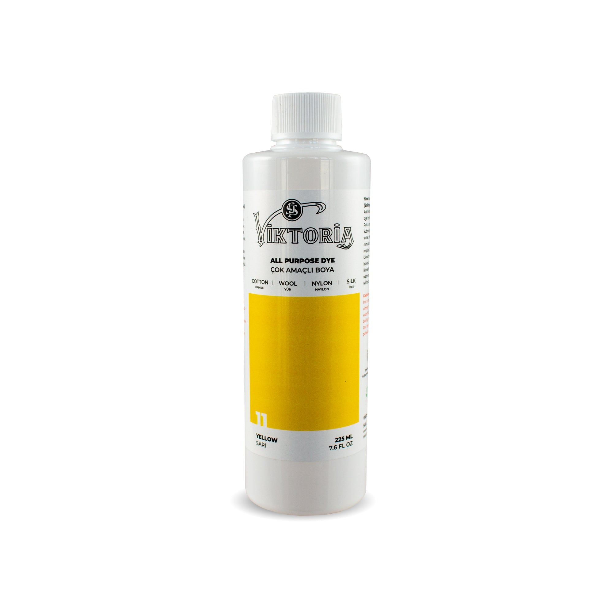 Viktoria all-purpose yellow fabric dye bottle for cotton, wool, silk, linen, viscose, bamboo, and nylon, 225ml